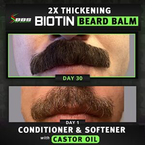 2X Thickening BIOTIN Beard Balm for Men / Mustache Wax for Thicker Facial Hair Growth - Leave in Conditioner - Softener - Moisturizer - All Natural Care Treatment - Castor Oil - BBS USA Vegan Product