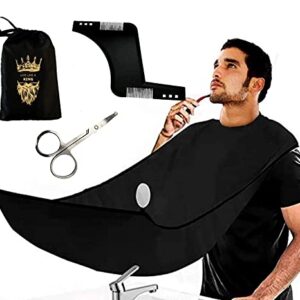 Barber Cap Beard Apron Bib Hair Clippings Catcher With Beard Shaping Tool, Scissors & Bag Mens Gifts Waterproof and Non-Stick Grooming Beard Cape Apron for Shaving Suction Cups Gift for Men (Black)