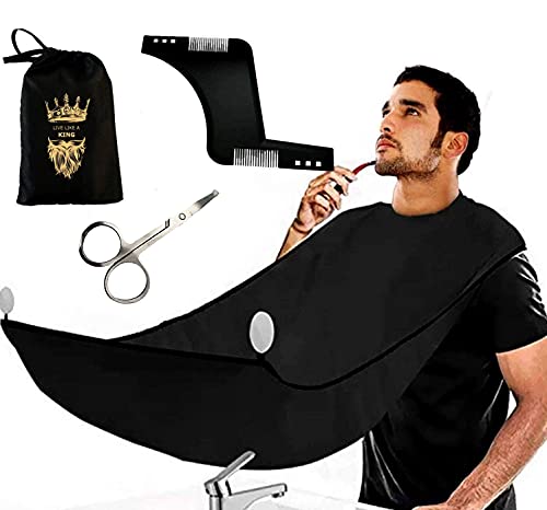 Barber Cap Beard Apron Bib Hair Clippings Catcher With Beard Shaping Tool, Scissors & Bag Mens Gifts Waterproof and Non-Stick Grooming Beard Cape Apron for Shaving Suction Cups Gift for Men (Black)