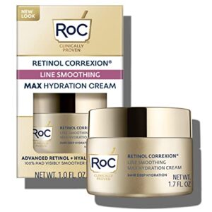 roc retinol correxion max daily hydration anti-aging daily face moisturizer with hyaluronic acid, oil free skin care cream for fine lines, dark spots, post-acne scars, 1.7 oz (packaging may vary)