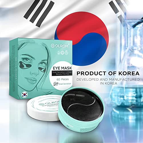 Olrom Korean Skin Care Depuffing Eye Patches: 60-Pack of Hydrating Under Eye Masks with Collagen & Snail Secretion for Dark Circles & Under Eye Puffiness