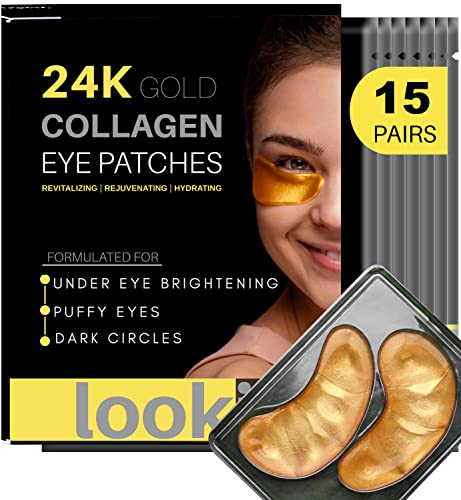 24K Gold Eye Patches for Puffy Eyes - Collagen Eye Masks for Dark Circles and Puffiness - Anti Aging Under Eye Mask Reduce Wrinkles, Puffy Eyes, Dark Circles, Eye Bags, Rejuvenating and Hydrating Under Eye Mask