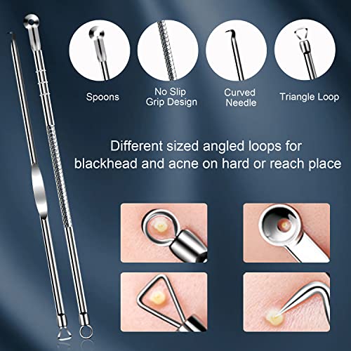 Blackhead Removal Tools, 4 Pcs Pimple Popper Tool Kit, Professional Stainless Pimples Comedone Extractor with Portable Case(Silver)