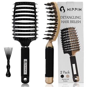 boar hair brushes 2 pack, suitable for men, women & kids’ long curly wet or dry hair, hippih hairbrush for thick hair can adds shine and makes hair smooth