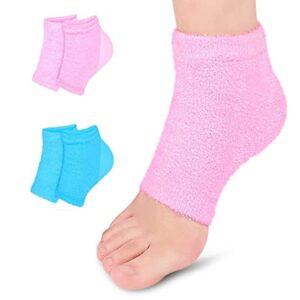 moisturizing gel heel sleeves – 2 pairs gel lined fuzzy toeless spa socks for cracked heels, dry feet while you sleep