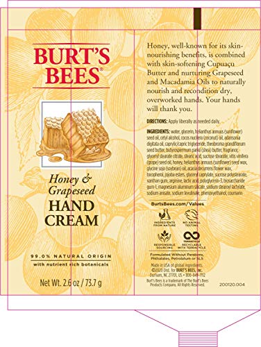 Burt's Bees Hand Cream, (Package May Vary) Honey & Grapeseed Oil 2.6 Ounce