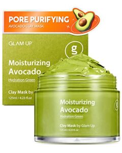 glam up moisturizing avocado clay mask | vegan clay mask, hydrating avocado face mask for dry skin and sensitive skin, gentle exfoliating deep pore cleansing clay face mask, blackhead remover – (125ml/4.23 oz)