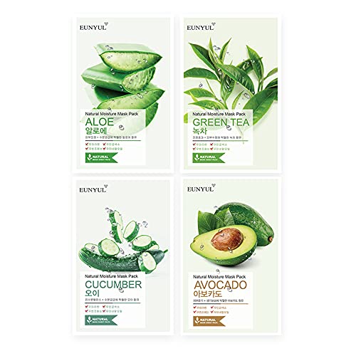 EUNYUL [PACK OF 10] Natural Sheet Mask Pack 10 types Korean Skincare Facial Mask Pack Aloe, Collagen, Pearl, Hyaluron, Avocado, Pomegranate, Vitamin, Blueberry, Green Tea, Cucumber