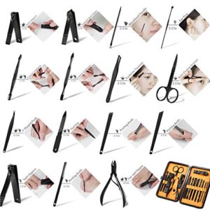 Keiby Citom Professional Stainless Steel Nail Clipper Travel & Grooming Kit Nail Tools Manicure & Pedicure Set of 15pcs with Luxurious Case (Black/Yellow)