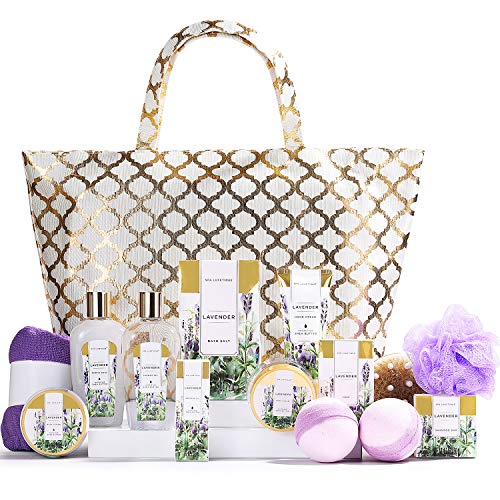 Spa Luxetique Spa Gift Basket, Gift Set for Women - 15pcs Lavender Spa Baskets, Relaxing Spa Kit Includes Bubble Bath, Bath Bombs, Massage Oil, Bath Set for Women Gifts, Birthday Gifts for Mother