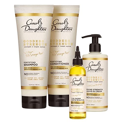 Carol's Daughter Goddess Strength Hair Care Gift Set - Sulfate Free Shampoo and Conditioner, Leave In Cream, Scalp & Hair Treatment Oil to Prevent Breakage for Curly, Natural Hair – with Castor Oil