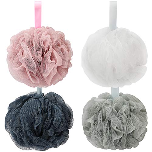 DadyMart Bath Shower Loofah Sponge 75g Bath Mesh Pouf Shower Ball Body Scrubber Exfoliating Bath Sponge for Women and Men, Set of 4, Drak Grey-Pink-Grey-White