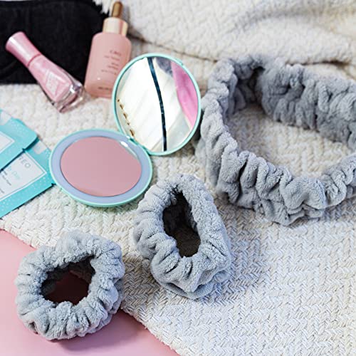 FROG SAC Spa Headband for Washing Face and Matching Wristbands, Teen Girls Fuzzy Skincare Headbands, Kids Soft Facial Makeup Head Band, Shower Skin Care Girl Hair Sleepover Party Supplies (Gray)