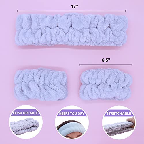 FROG SAC Spa Headband for Washing Face and Matching Wristbands, Teen Girls Fuzzy Skincare Headbands, Kids Soft Facial Makeup Head Band, Shower Skin Care Girl Hair Sleepover Party Supplies (Gray)