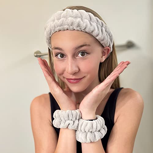 FROG SAC Spa Headband for Washing Face and Matching Wristbands, Teen Girls Fuzzy Skincare Headbands, Kids Soft Facial Makeup Head Band, Shower Skin Care Girl Hair Sleepover Party Supplies (Gray)