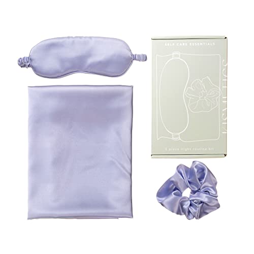 KISMETICS - Vegan Silk Sleep Set, Silky Pillowcase with Large Scrunchie and Eye Mask for Hair and Skin, Self Care Essential Satin Night Routine Kit (Purple Color)