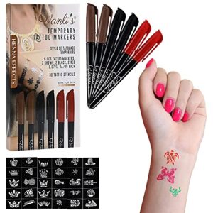 vanli’s temporary tattoo markers – skin-safe markers – washable markers – fake tattoo kit with 6 body art pens & 30 tattoo stencils – stocking stuffers for teens – easter basket stuffer