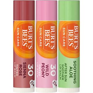 burt’s bees spf lip balms – 3 pack includes spf 30 tinted lip balms (2) & soothing aloe lip balm (1) with aloe vera, coconut oil & shea butter to moisturize dry lips & after sun care