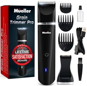 mueller pro hair trimmer 5.0 groinscaper, waterproof wet/dry clippers, replaceable skinsaver ceramic blade heads, rechargeable, ultimate male hygiene razor, wireless charging, red