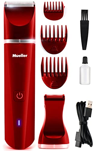 Mueller Pro Hair Trimmer 5.0 Groinscaper, Waterproof Wet/Dry Clippers, Replaceable SkinSaver Ceramic Blade Heads, Rechargeable, Ultimate Male Hygiene Razor, Wireless Charging, Red