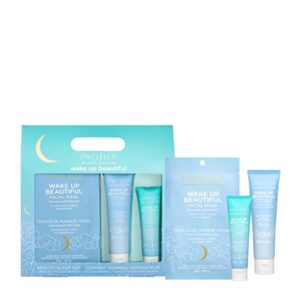 pacifica beauty | wake up beautiful beauty sleep set | trial + value kit | 3-piece skin care gift set | travel friendly | face wash/cleanser, overnight retinoid moisturizer, face sheet mask | vegan