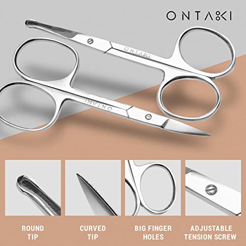 ONTAKI 3 Scissors pack - 1 Japanese Steel Beard & Mustache Scissors With Comb - 2 Facial Grooming Nose Hair Scissors - 1 Curved Blade Tip & 1 Safety Blunt Rounded Tip