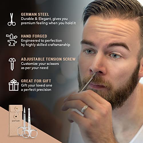 ONTAKI 3 Scissors pack - 1 Japanese Steel Beard & Mustache Scissors With Comb - 2 Facial Grooming Nose Hair Scissors - 1 Curved Blade Tip & 1 Safety Blunt Rounded Tip