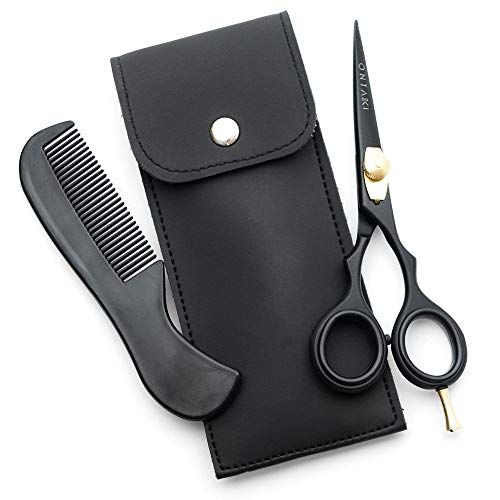 ONTAKI 3 Scissors pack - 1 Japanese Steel Beard & Mustache Scissors With Comb - 2 Facial Grooming Nose Hair Scissors - 1 Curved Blade Tip & 1 Safety Blunt Rounded Tip