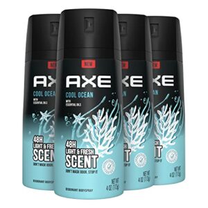 axe dual action body spray deodorant for long lasting odor protection cool ocean all day fresh scent mens deodorant formulated without aluminum 4 oz 4 count