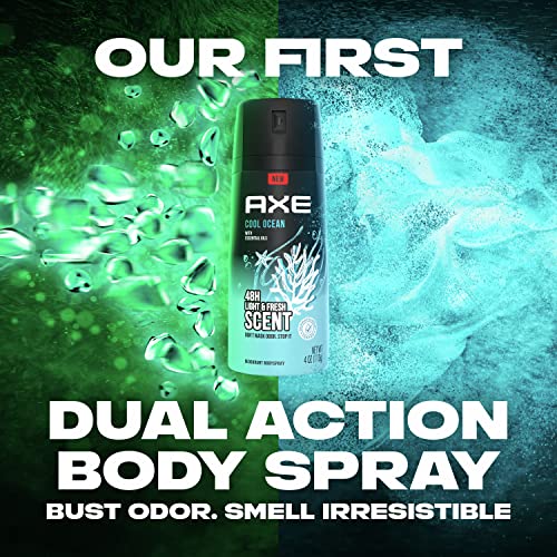 AXE Dual Action Body Spray Deodorant for Long Lasting Odor Protection Cool Ocean All Day Fresh Scent Mens Deodorant Formulated Without Aluminum 4 oz 4 count