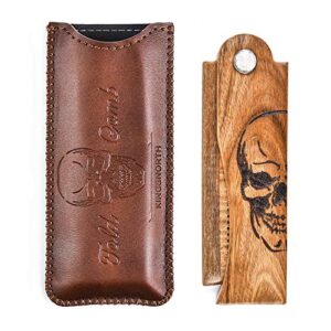 menesia men’s pocket comb,folding wooden beard comb with leather travel case,green sandalwood hair combs set for men(skeleton)