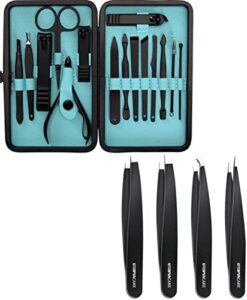 utopia care – professional stainless-steel tweezers set (4-piece) and manicure kit (15-piece) – precision tweezers for ingrown hair, facial hair, splinter, blackhead, and tick remover- women men nail