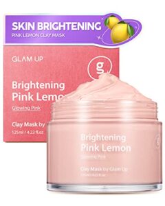 glam up brightening pink lemon clay mask | vegan facial masks, brightening pink clay mask for dark spots | gentle exfoliating hydrating face masks skin care, pore cleansing blackhead remover – (125ml/4.23 oz)