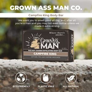 Grown Ass Man Co. Exfoliating Body Bars - Solid Soap Bar Rich Lather with Natural Oils & Gentle Scrub for Men - Plastic Free & Eco-Friendly, Natural & Organic Deep Clean for All Skin Types, 4oz Bar (Campfire King (Coarse Exfoliant), 6-Pack)