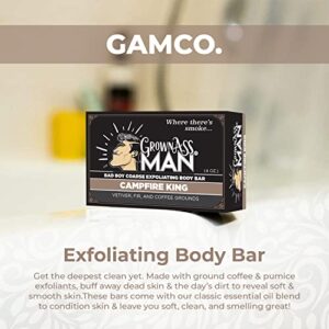 Grown Ass Man Co. Exfoliating Body Bars - Solid Soap Bar Rich Lather with Natural Oils & Gentle Scrub for Men - Plastic Free & Eco-Friendly, Natural & Organic Deep Clean for All Skin Types, 4oz Bar (Campfire King (Coarse Exfoliant), 6-Pack)