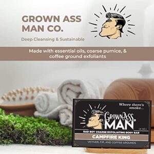 Grown Ass Man Co. Exfoliating Body Bars - Solid Soap Bar Rich Lather with Natural Oils & Gentle Scrub for Men - Plastic Free & Eco-Friendly, Natural & Organic Deep Clean for All Skin Types, 4oz Bar (Campfire King (Coarse Exfoliant), 6-Pack)