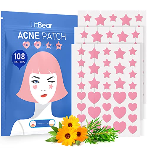 LitBear Acne Patch Pimple Patch, Pink Heart & Star Shaped Acne Absorbing Cover Patch, Hydrocolloid Acne Patches For Face Zit Patch Acne Dots, Tea Tree Oil + Centella (108 Count (Pack of 1))