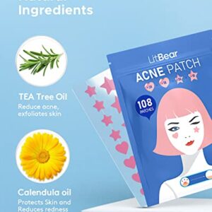 LitBear Acne Patch Pimple Patch, Pink Heart & Star Shaped Acne Absorbing Cover Patch, Hydrocolloid Acne Patches For Face Zit Patch Acne Dots, Tea Tree Oil + Centella (108 Count (Pack of 1))