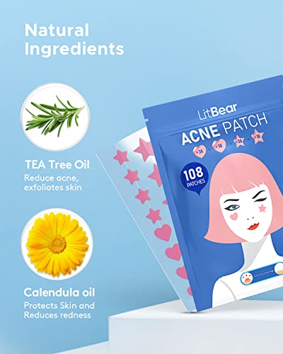 LitBear Acne Patch Pimple Patch, Pink Heart & Star Shaped Acne Absorbing Cover Patch, Hydrocolloid Acne Patches For Face Zit Patch Acne Dots, Tea Tree Oil + Centella (108 Count (Pack of 1))