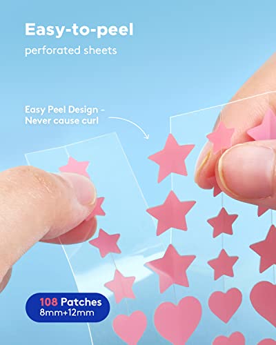 LitBear Acne Patch Pimple Patch, Pink Heart & Star Shaped Acne Absorbing Cover Patch, Hydrocolloid Acne Patches For Face Zit Patch Acne Dots, Tea Tree Oil + Centella (108 Count (Pack of 1))