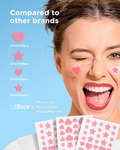 LitBear Acne Patch Pimple Patch, Pink Heart & Star Shaped Acne Absorbing Cover Patch, Hydrocolloid Acne Patches For Face Zit Patch Acne Dots, Tea Tree Oil + Centella (108 Count (Pack of 1))