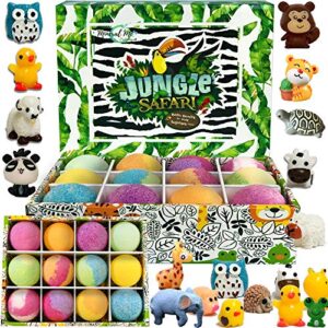 bath bombs for kids with toys inside – set of 12 organic bubble bath fizzies with jungle animal toys. gentle and kids safe spa bath fizz balls kit. birthday, valentines gift for boys, girls