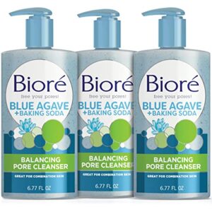 bioré daily blue agave + baking soda face wash, balancing pore facial cleanser for combination skin, to penetrate pores & gently exfoliate skin, 6.77 ounce (pack of 3) white