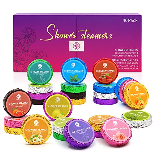 MR Shower Steamers Aromatherapy for Women or Men, 40 PCS 10 Scents Organic with Rose Lavender Mint Watermelon Eucalyptus Chamomile Lemon Rosemary Grapefruit Orange, Shower Bombs Christmas Gift Set