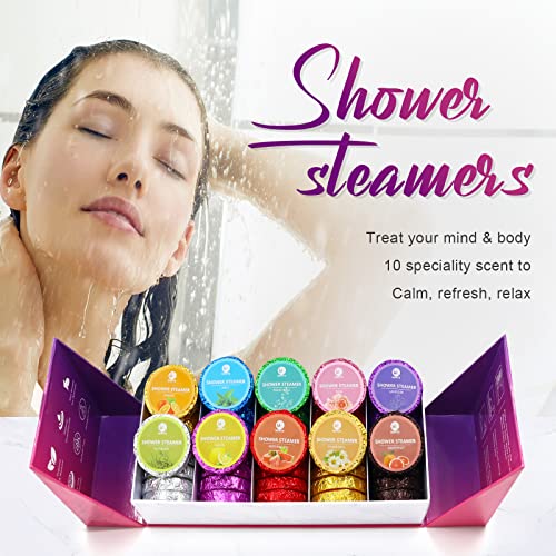 MR Shower Steamers Aromatherapy for Women or Men, 40 PCS 10 Scents Organic with Rose Lavender Mint Watermelon Eucalyptus Chamomile Lemon Rosemary Grapefruit Orange, Shower Bombs Christmas Gift Set