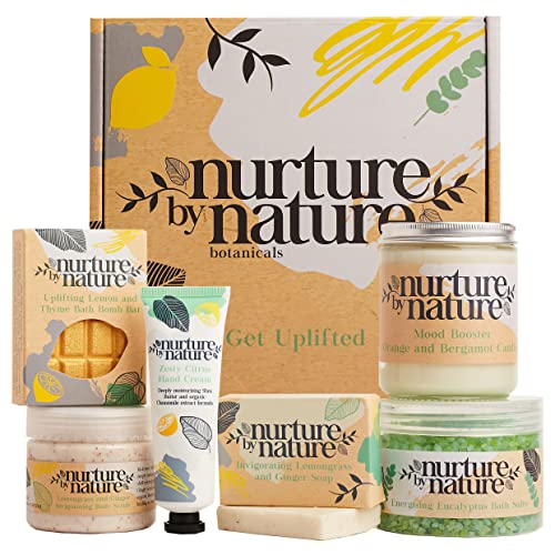 Relax & Uplift | Pamper Spa Gift Basket by Nurture by Nature Botanicals | Essential Oils, Bath Salts, Orange, Soap, Bath Bombs, Candle | Birthday Day Gift for Women, Men