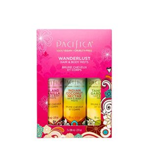 pacifica beauty | wanderlust hair perfume & body spray trial set | featuring island vanilla mini | 3 scents | fragrance sampler gift set | natural + essential oils | clean | vegan + cruelty free