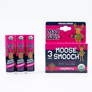 mad gab’s moose smooch raspberry lip balm, mother’s day gift, moisturizing and certified organic, made with organic olive oil and beeswax, 3 pack gift set