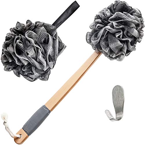 Toem Loofah Back Scrubber For Shower | Bamboo Charcoal Fiber Infused | Bath Sponge | Lufas For Men & Women | Includes 1 Long Handled Shower Sponge, 1 Bath & Shower Luffa Pouf & 1 Hook To Hang Stuff