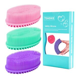 Silicone Body Scrubber Loofah - Set of 3 Soft Exfoliating Body Bath Shower Scrubber Loofah Brush for Sensitive Kids Women Men All Kinds of Skin(Purple/Green/Pink)